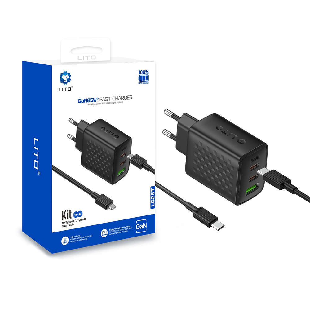 Зарядно устройство с щепсел, 1x USB, 2x USB-C, 65W, включен USB-C кабел - Lito (LC25T) - Черен