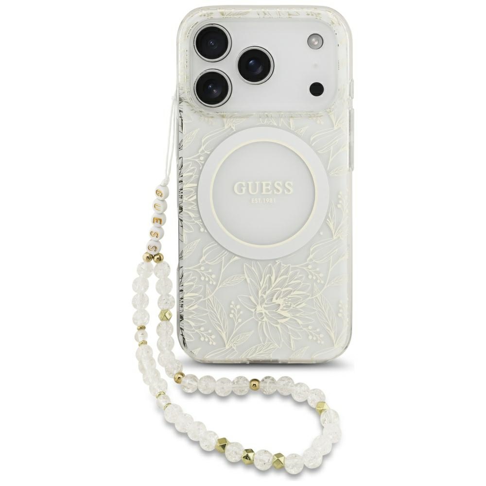 Калъф за iPhone 17 Pro - Guess IML Flowers IML Allover Electroplated with Pearl Strap MagSafe (GUHMP17LHCPOFPH) - Бял