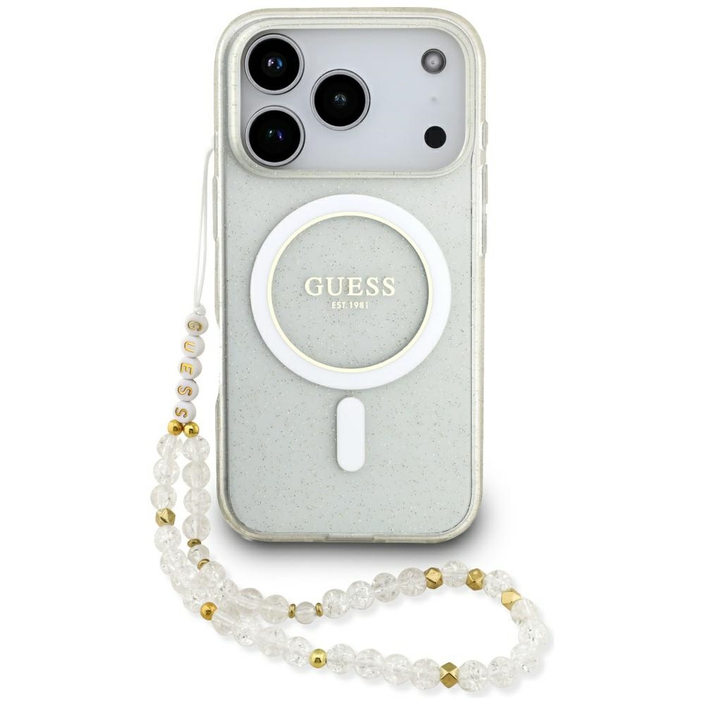 Калъф за iPhone 17 Pro Max - Guess IML Glitter with Pearl Strap MagSafe (GUHMP17XHGCRELST) - Прозрачен