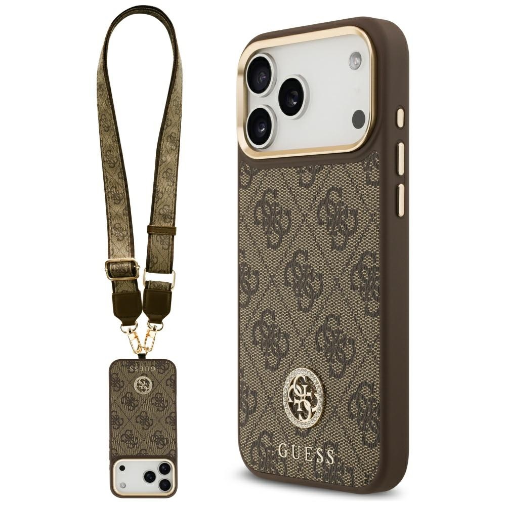 Калъф за iPhone 17 Pro Max - Guess 4G Strass Logo with Big Strap Metal Button MagSafe (GUHMP17XP4G4DCSW) - Кафяв