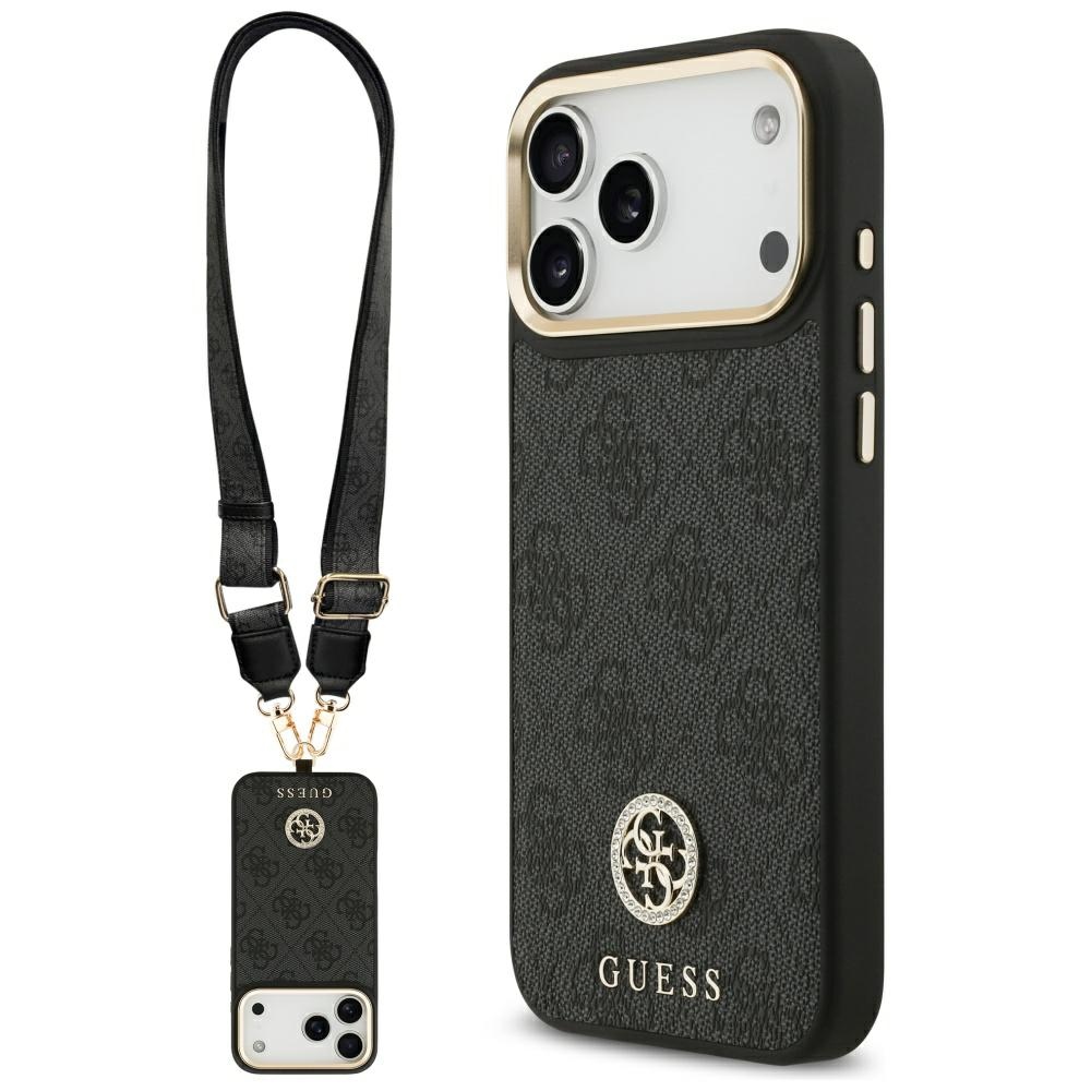 Калъф за iPhone 17 Pro Max - Guess 4G Strass Logo with Big Strap Metal Button MagSafe (GUHMP17XP4G4DCDCSK) - Черен
