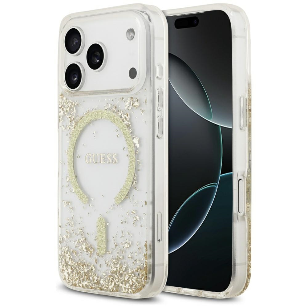 Калъф за iPhone 17 Pro - Guess Resin Bottom Glitter MagSafe (GUHMP17LRGRGED) - златен