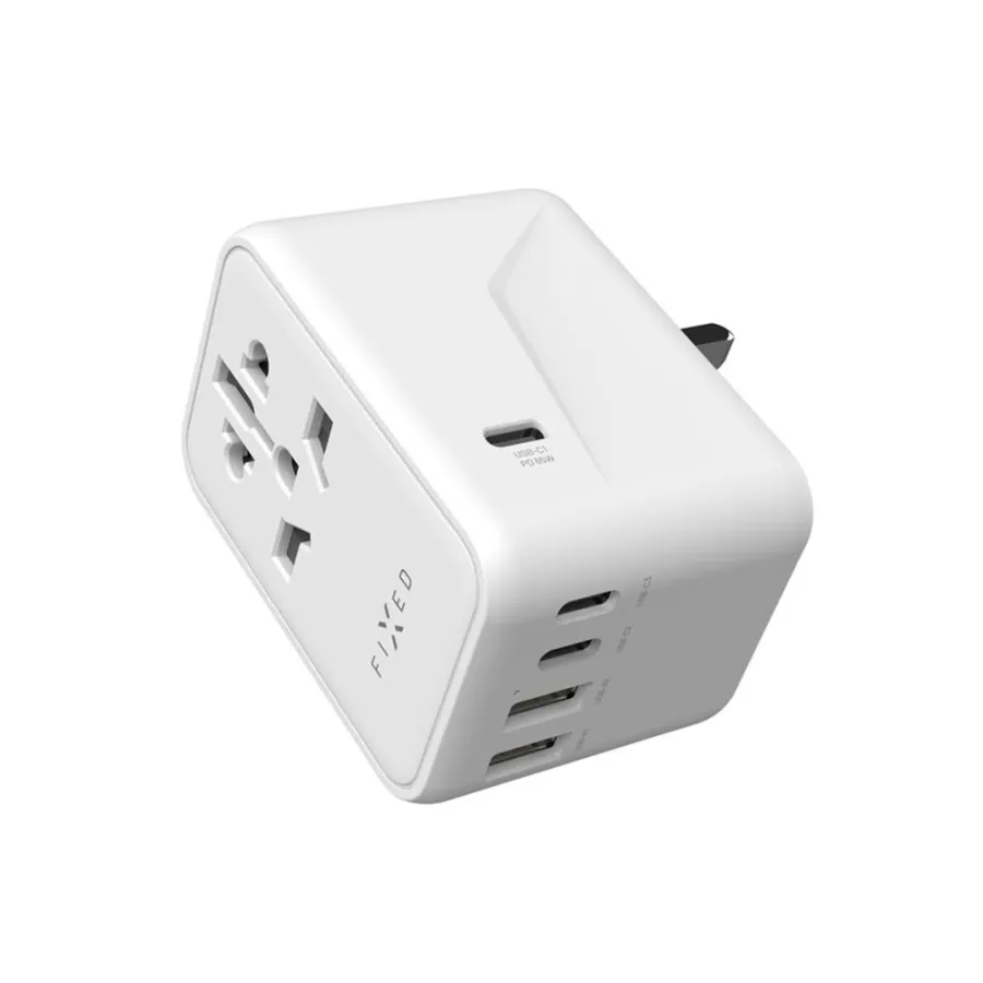 Адаптер EU, UK, USA/AUS, 2x USB, 3x Type-C, GaN, PD 65W, 10A/2500W - Фиксиран (FIXCT65-3C2A-WH) - Бял
