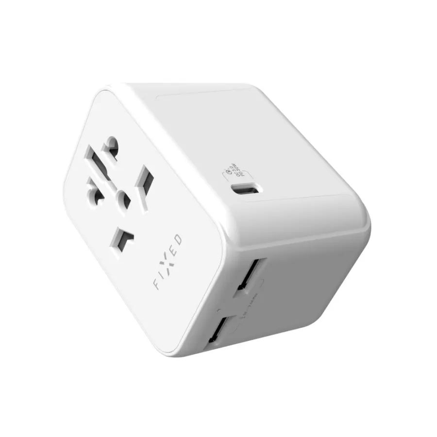 Адаптер EU, UK, USA/AUS, Type-C, 2x USB, GaN, PD 30W, 10A/2500W - Фиксиран (FIXCT30-1C2A-WH) - Бял