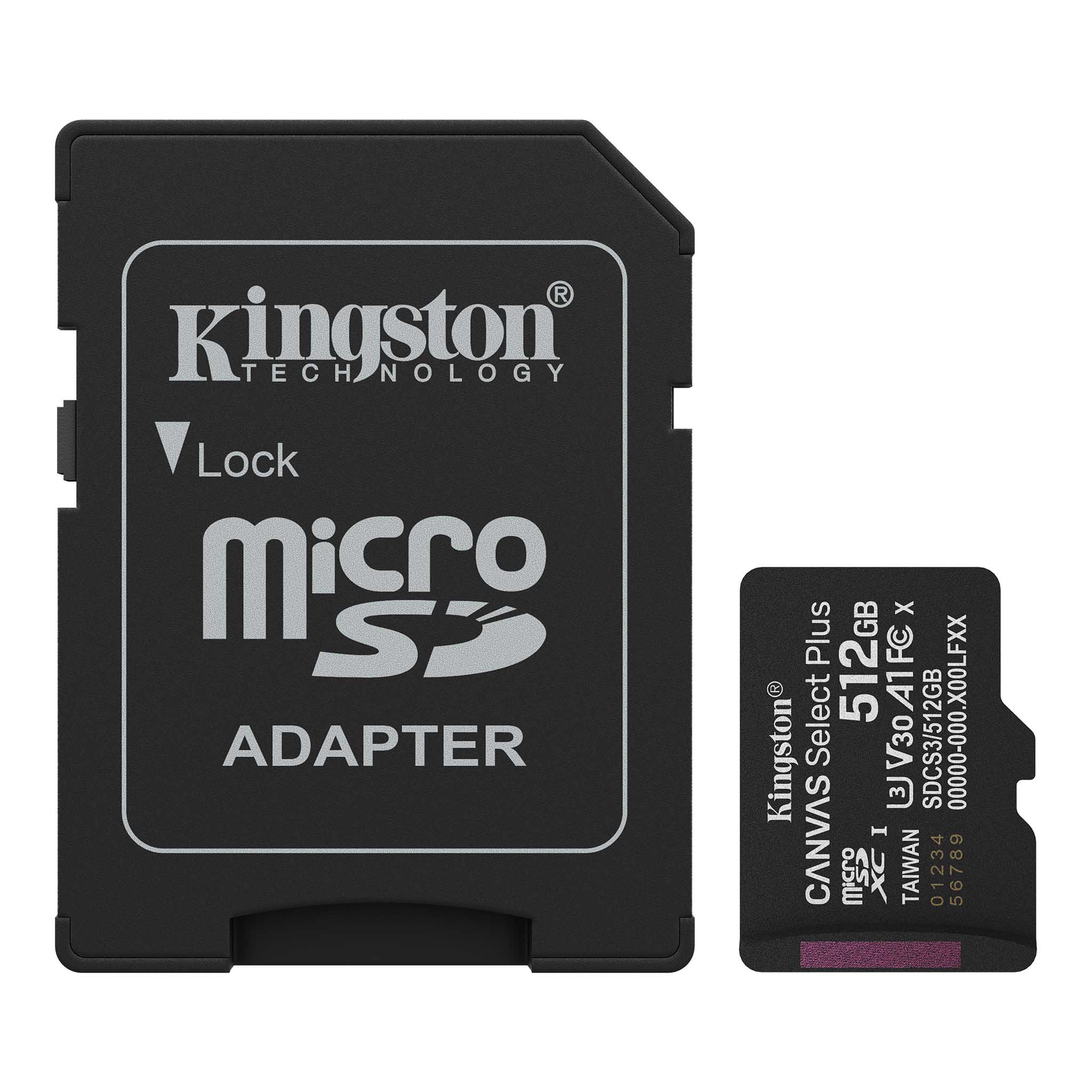 Карта памет с адаптер, 512GB - Kingston Canvas Select Plus (SDCS3/512GB) - Черен