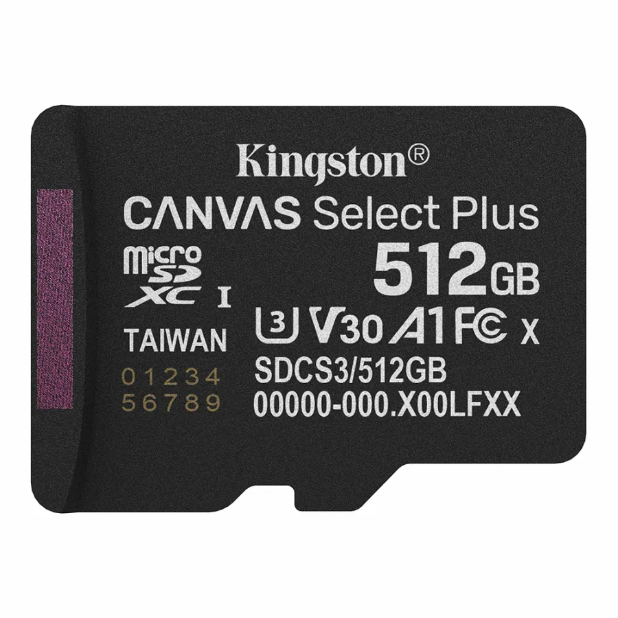 Карта с памет, MicroSDXC, Class 10, 512GB - Kingston Canvas Select Plus (SDCS3/512GBSP) - Черен