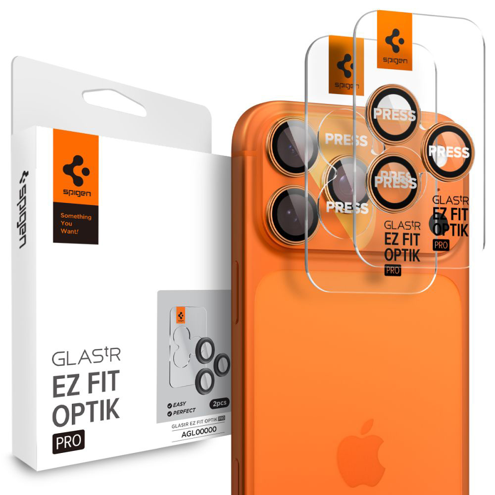 Калъф с камера за iPhone 17 Pro Max/17 Pro/17 Pro/16 Pro/16 Pro Max/16 Pro/15 Pro Max/15 Pro/15 Pro/14 Pro Max/14 Pro (комплект 2) - Spigen Glas.tR Optik EZ Fit Pro (AGL10123) - Оранжев