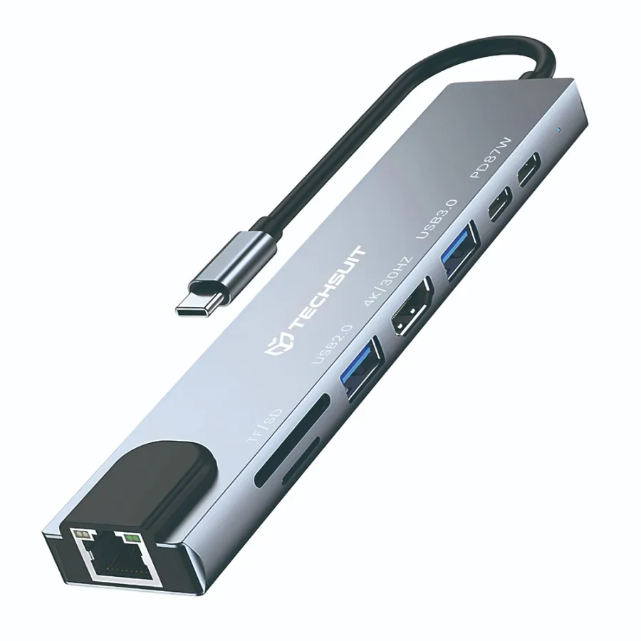 Мултипортов хъб, Type-C до 2x Type-C, 2x USB, HDMI, RJ45, TF/SD, 4K@30Hz, PD87W - Techsuit NetBridge 8 в 1 (H2) - Сив