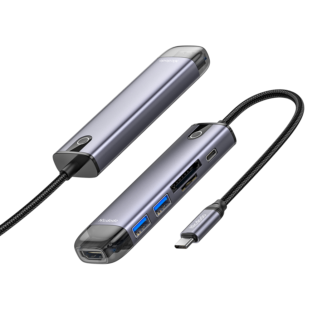 6в1 хъб, 3x USB, 1x USB-C, 1x USB-C, 1x SD/TF слот за карта, 1x HDMI, USB-C кабел - Mcdodo (HU-7740) - Сив