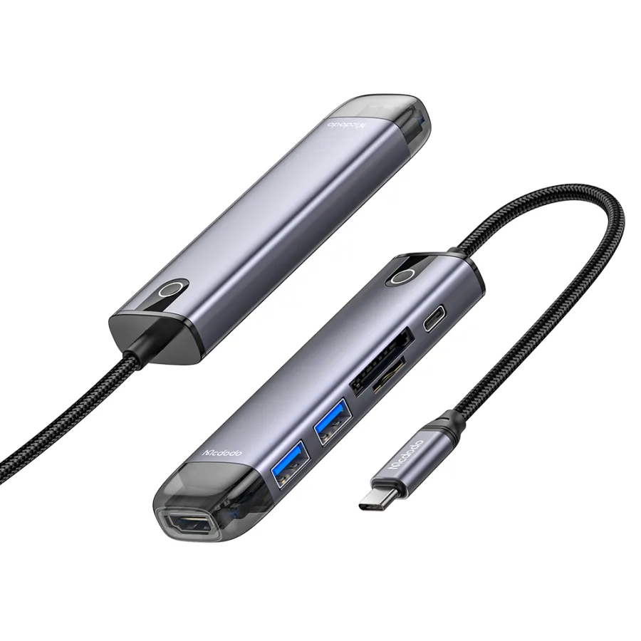 6в1 хъб, 3x USB, 1x USB-C, 1x USB-C, 1x SD/TF слот за карта, 1x HDMI, USB-C кабел - Mcdodo (HU-7740) - Сив