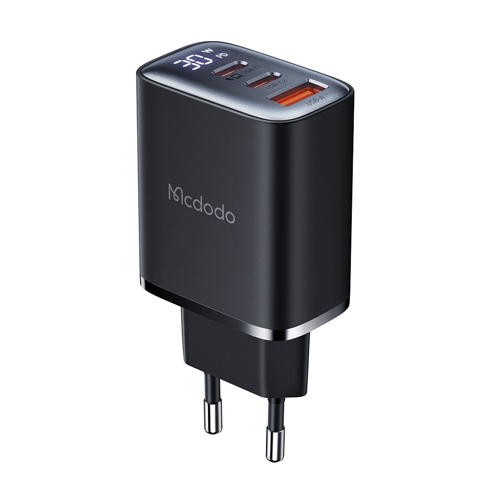 Зарядно устройство с щепсел, USB-A, USB-C, бързо зарядно устройство, 30 W, цифров дисплей - Mcdodo (CH-2180) - Черен
