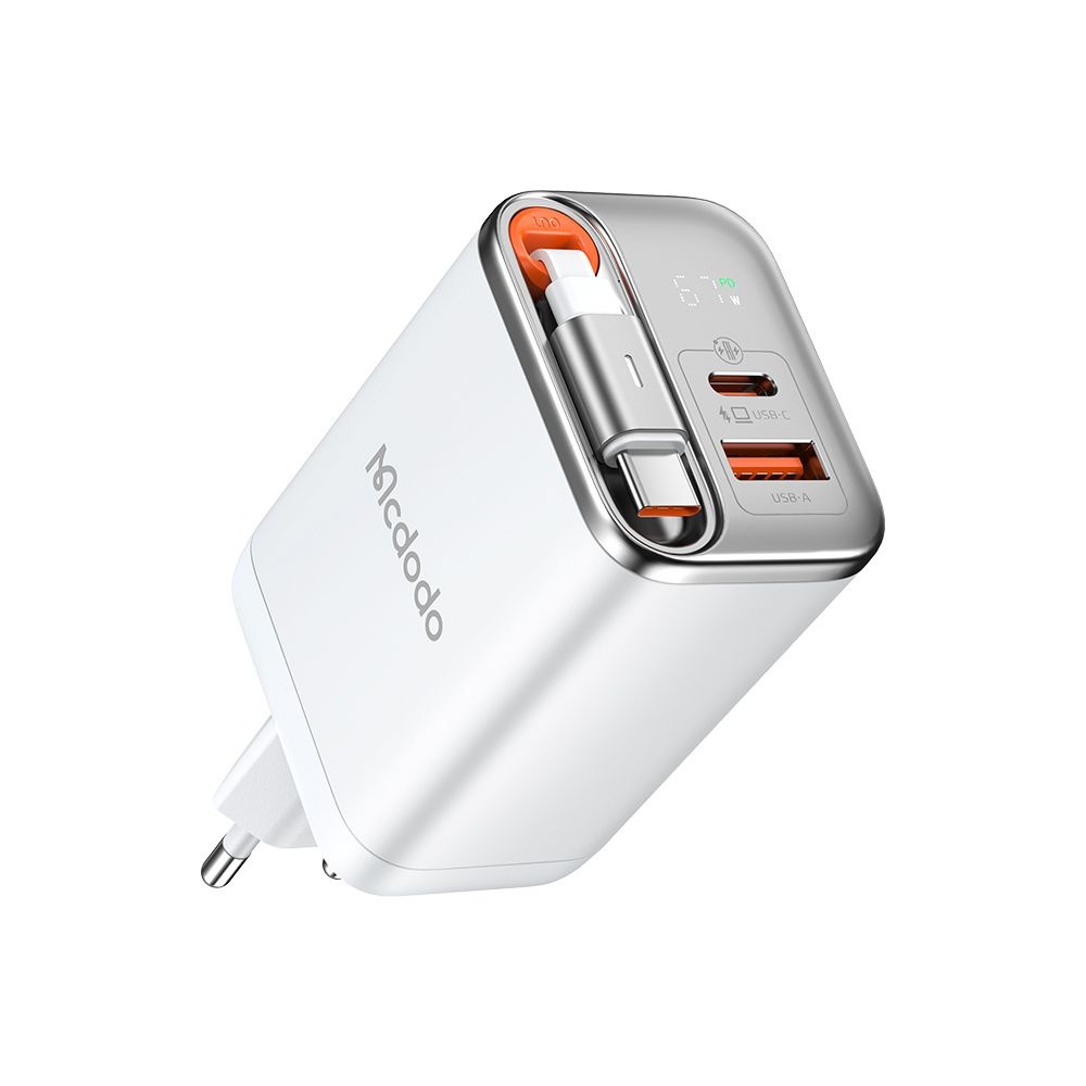 Зарядно устройство с щепсел, USB-A, USB-C, 67W, 65cm прибиращ се кабел - серия Mcdodo FreeGo (CH-4103) - Бял
