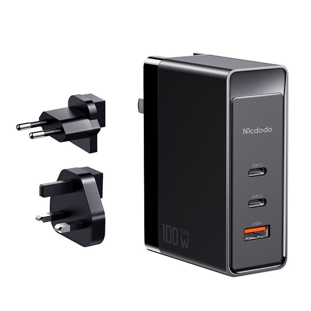 Адаптер EU, UK, US, USB-A, 2x Type-C, GaN, 100W - Mcdodo Nuclear Power Series (CH-8101 Pro) - Черен