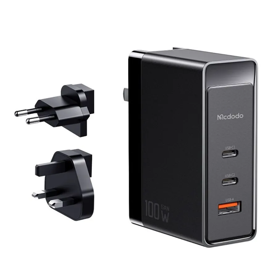 Адаптер EU, UK, US, USB-A, 2x Type-C, GaN, 100W - Mcdodo Nuclear Power Series (CH-8101 Pro) - Черен