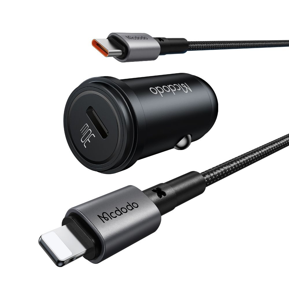 Зарядно за кола + Type-C към Lightning кабел, PD30W, компактно - серия Mcdodo Obsidian (CC-7492) - черно