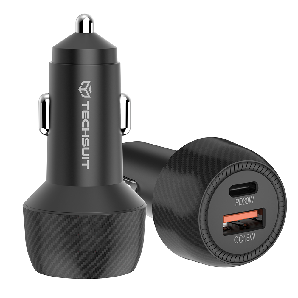 USB зарядно за кола, тип-C, 48W - Techsuit CarbonVolt (C7) - черно