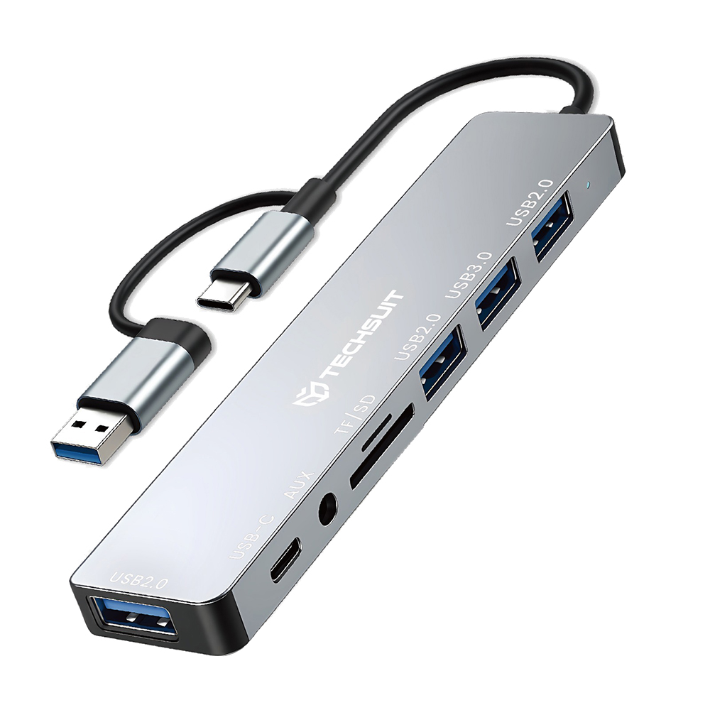Мултипортов хъб, USB, Type-C до 4x USB, Type-C, 3,5 мм жак, TF/SD карта - Techsuit DataBridge 8 в 1 (H9) - Сив