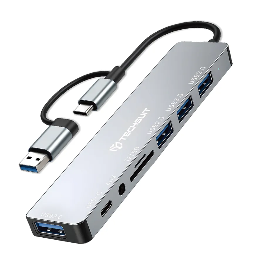 Мултипортов хъб, USB, Type-C до 4x USB, Type-C, 3,5 мм жак, TF/SD карта - Techsuit DataBridge 8 в 1 (H9) - Сив