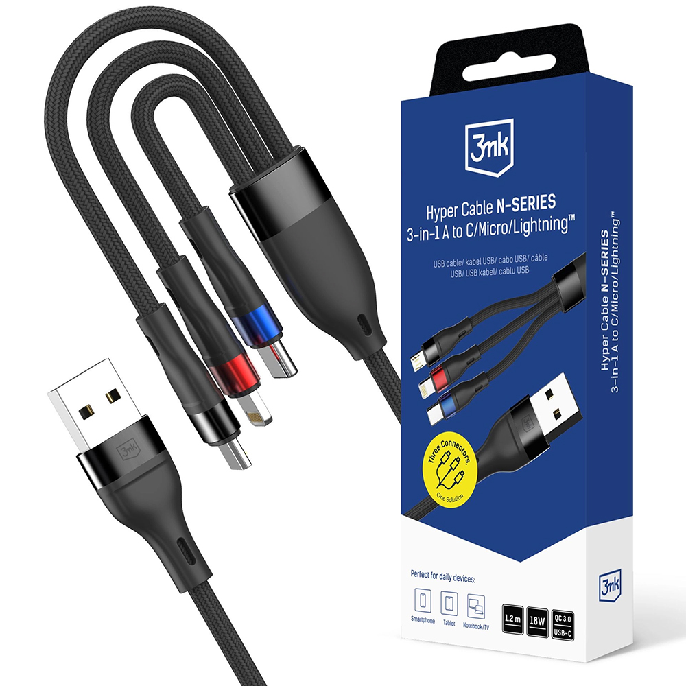 Захранващ кабел 3в1, 18W, 1.2m - 3mk Hyper N-Series - Черен