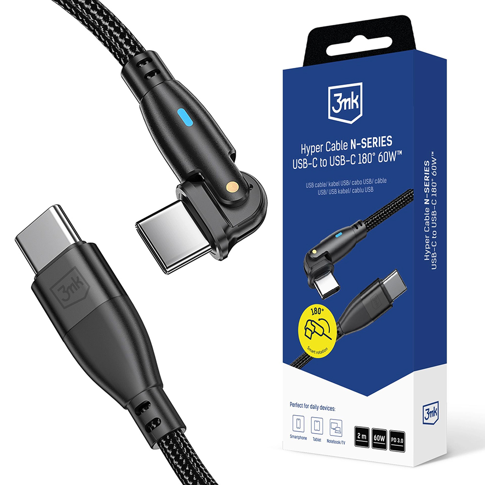 Бърз захранващ кабел, USB-C, 180°, 60W, 2m - 3mk Hyper N-серия - Черен