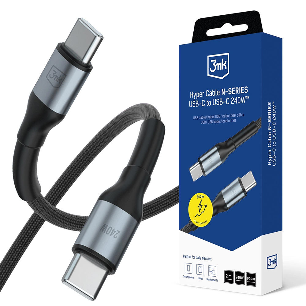 Ултра бърз захранващ кабел, USB-C, 240W, 2m - 3mk Hyper N-серия - Черен