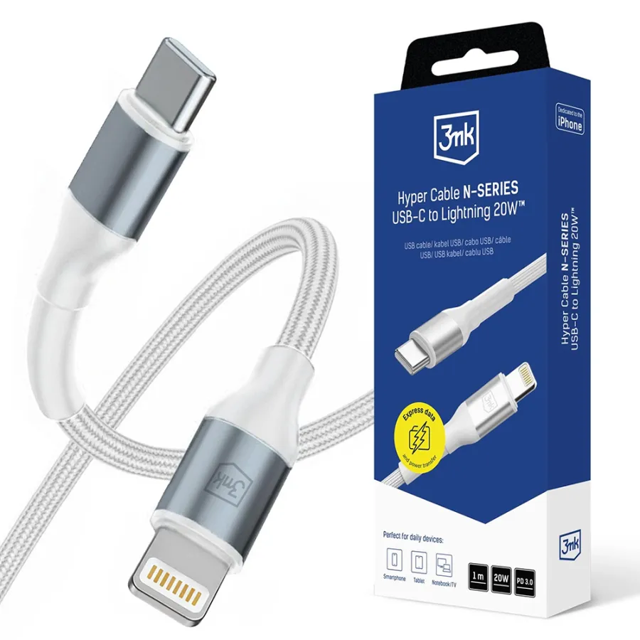 Захранващ кабел, USB-C, Lightning, 20W, 1м - 3mk Hyper N-Series - Бял