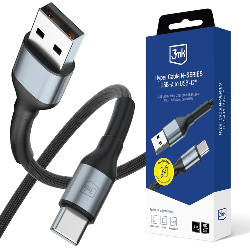 Захранващ кабел, USB, USB, USB-C, QC 3.0, 18W, 1m - 3mk Hyper N-Series - Черен
