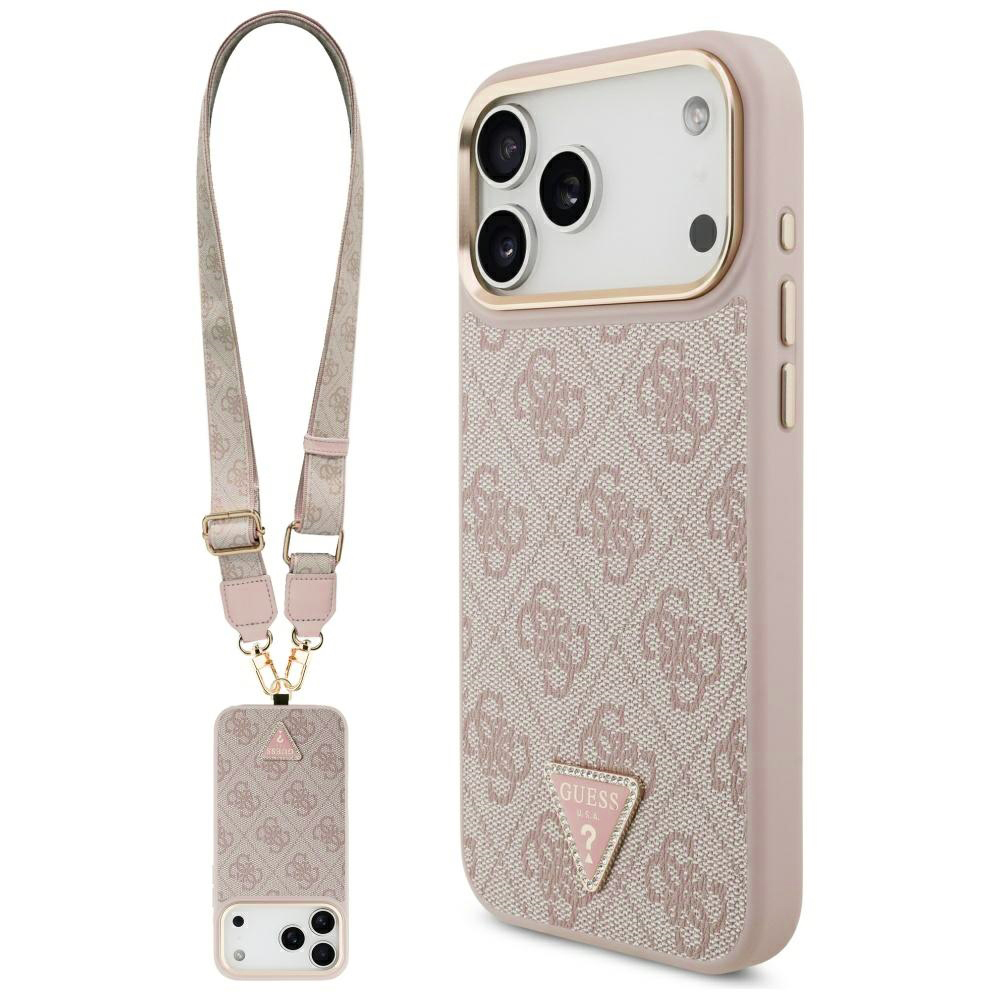 Чанта за iPhone 17 Pro Max - Guess 4G Triangle Logo with Big Strap Metal Button MagSafe Button (GUHMP17XP4G4TCSP) - Розов