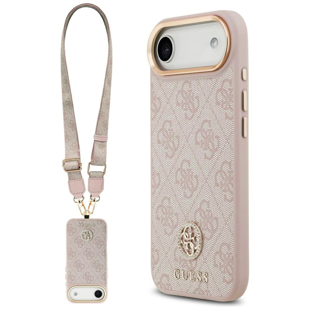 Калъф за iPhone 17 Air - Guess Hardcase 4G Strass Logo & Big Strap (GUHMP17MP4G4DCSP) - Розов