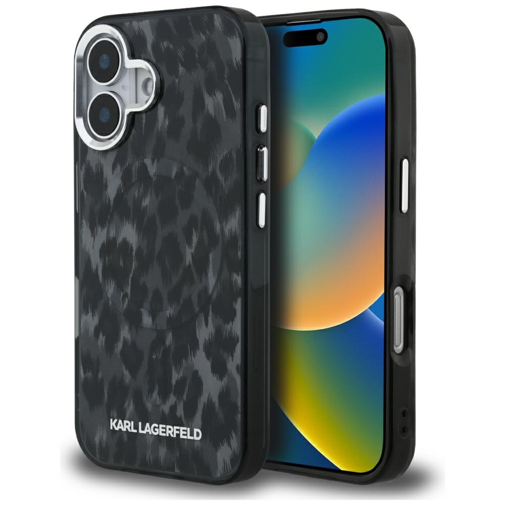 Калъф за iPhone 16 - Karl Lagerfeld IML IML Leopard Pattern MagSafe (KLHMP16SHDLEOICK) - Черен