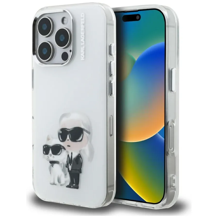 Калъф за iPhone 16 Pro Max - Karl Lagerfeld IML Aquarelle Karl & Choupette (KLHCP16XHHMKKCAQH) - Бял