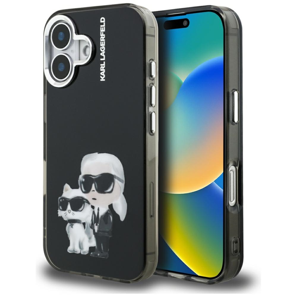 Калъф за iPhone 16 - Karl Lagerfeld IML IML Aquarelle Karl & Choupette (KLHCHCP16SHMKKCAQK) - Черен
