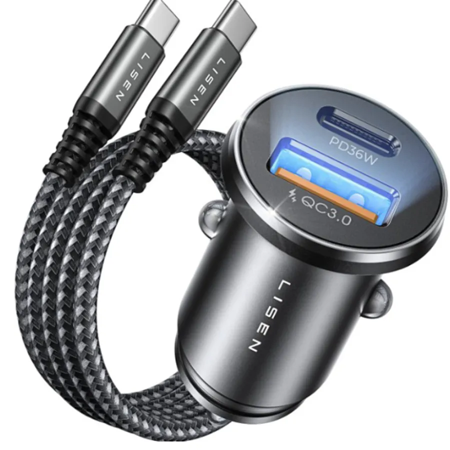 Зарядно за кола, USB, USB-C, USB, с включен кабел - Lisen (YL022223080047) - Черно / Тъмносиньо
