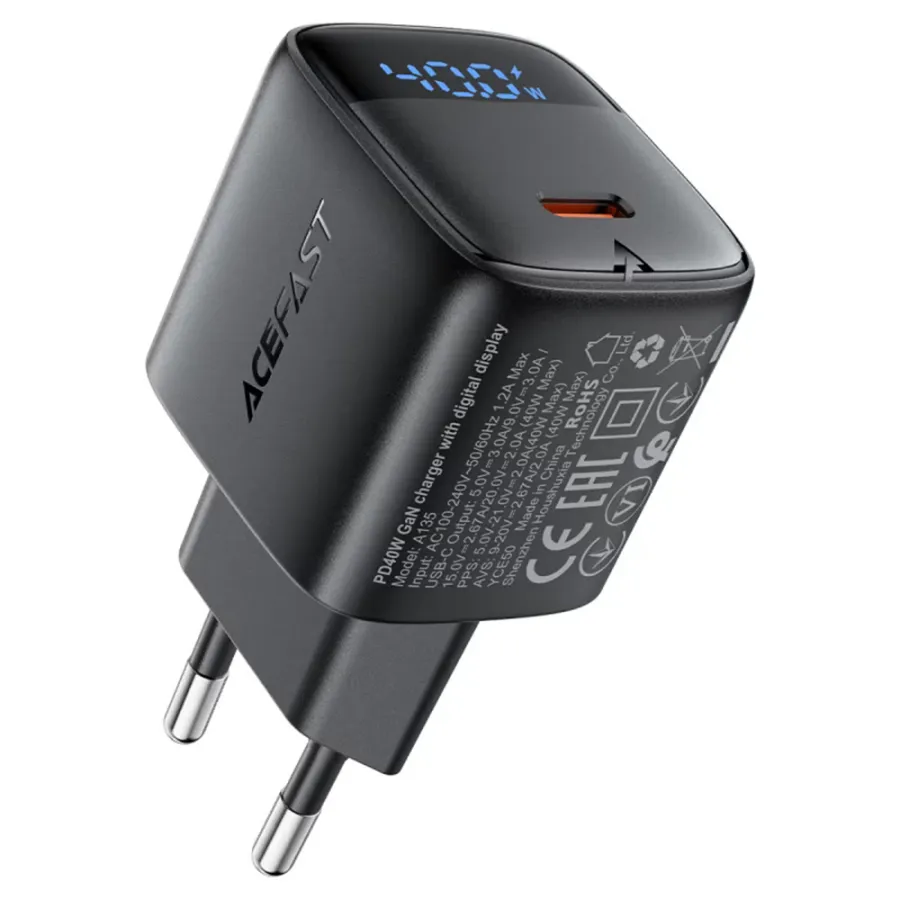 Зарядно за контакт, 1xUSB-C, GaN, 45W, LED - Acefast (A135) - Черно