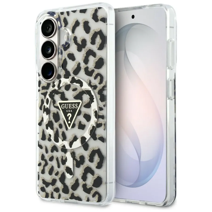 Калъф за Samsung Galaxy S26 - Guess IML Leopard Print Triangle Triangle MagSafe (GUHMS26SHLEGTGLK) - Черен