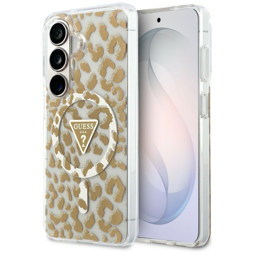 Калъф за Samsung Galaxy S26 - Guess IML Leopard Print Triangle Triangle MagSafe (GUHMS26SHLEGTGLW) - Кафяв