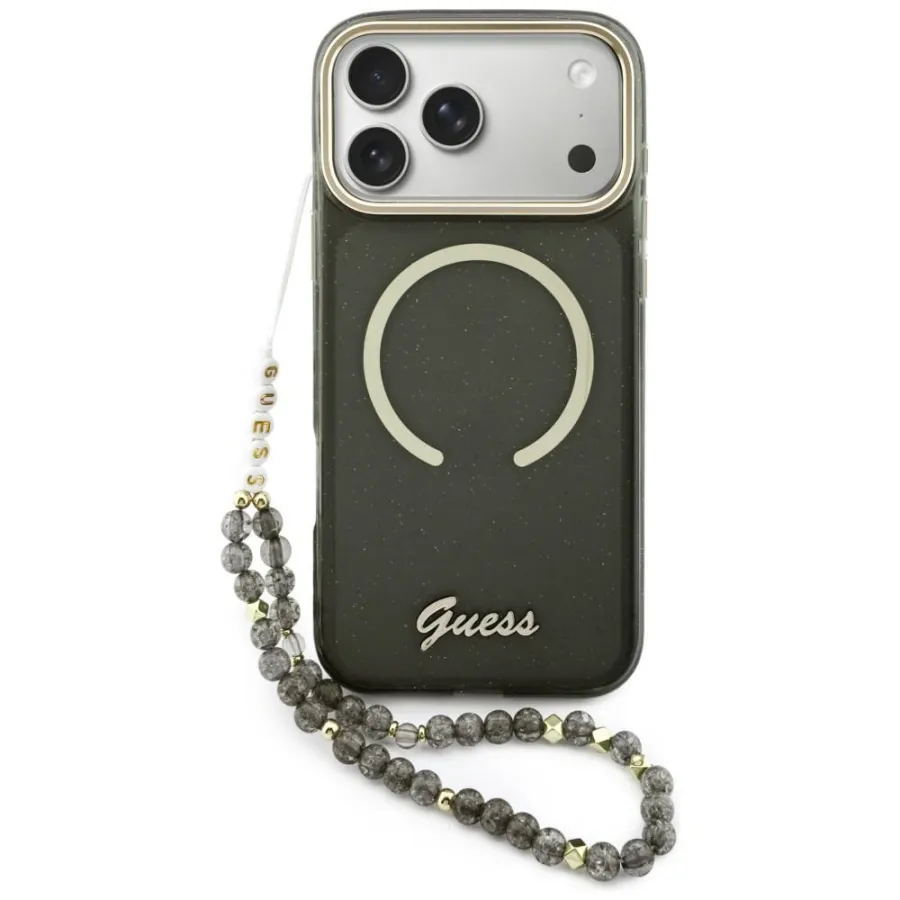 Калъф за iPhone 17 Pro Max - Guess IML Glitter Glitter Script Strap MagSafe (GUHMP17X5X5HTGSMSK) - Черен