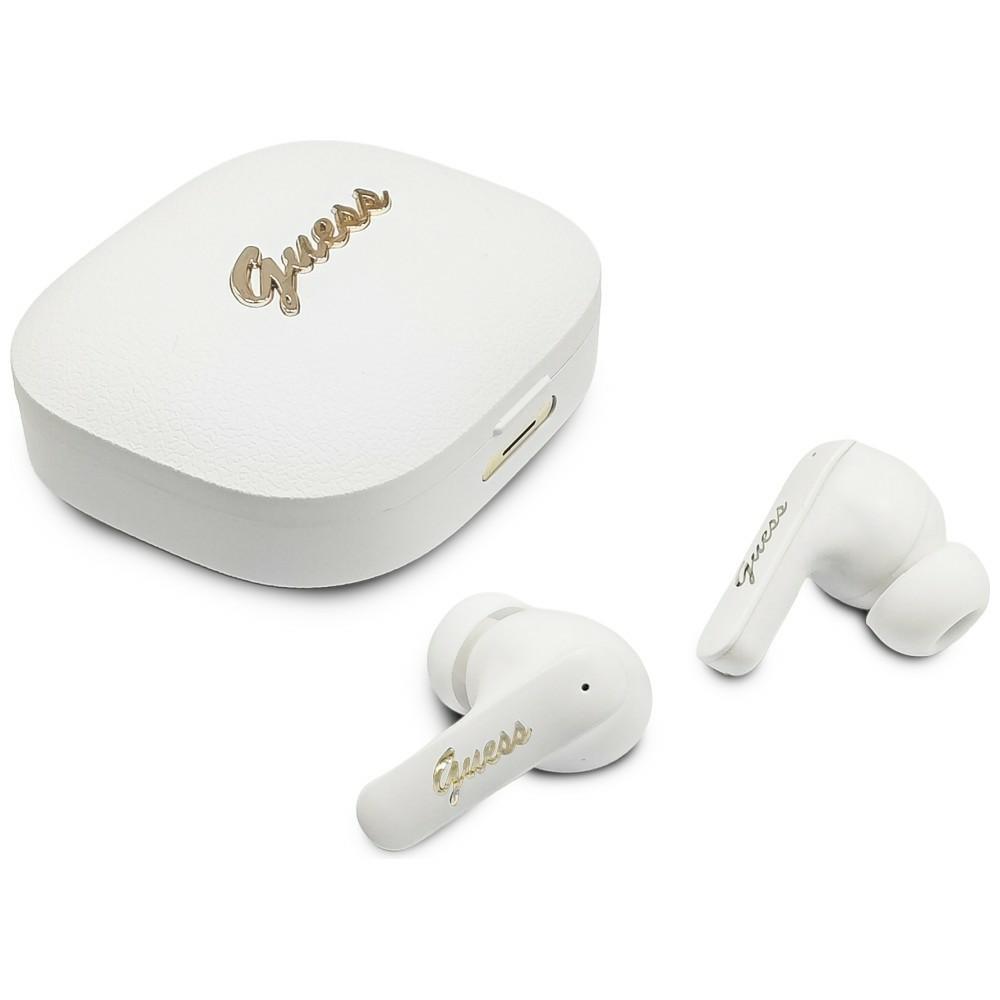 Слушалки тип „тапи", BT5.4, TWS, с микрофон, 400mAh - Guess Script Metal Logo (GUTWSWSX45PGSHSH) - Бели