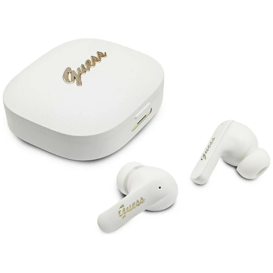 Слушалки тип „тапи", BT5.4, TWS, с микрофон, 400mAh - Guess Script Metal Logo (GUTWSWSX45PGSHSH) - Бели