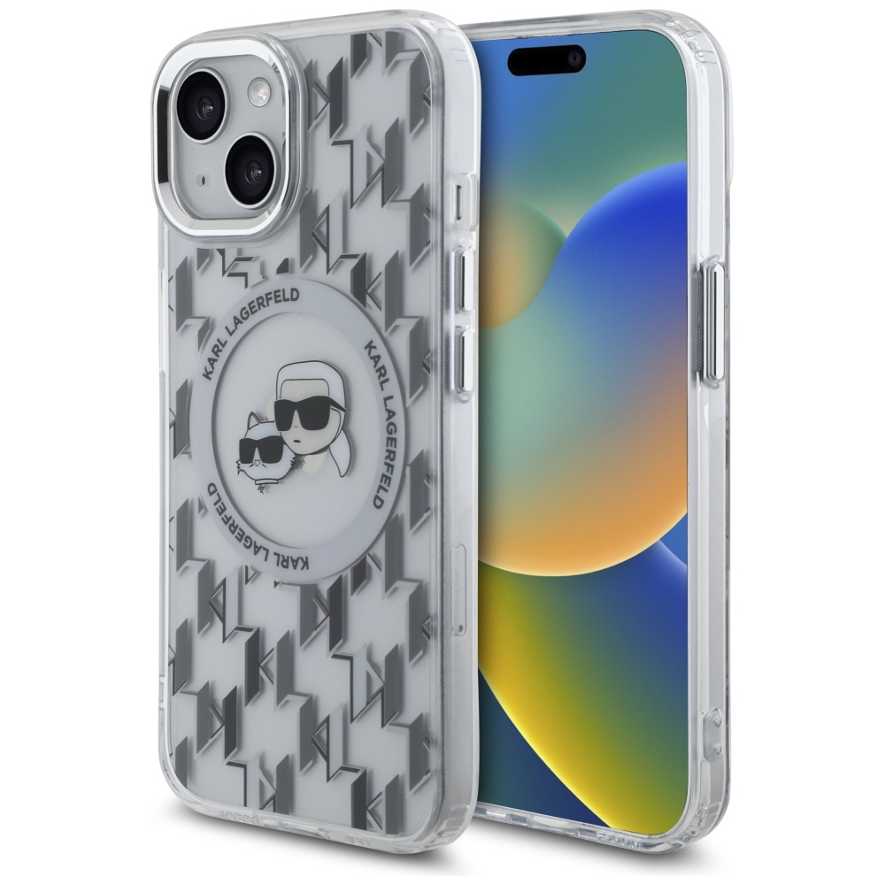 Калъф за iPhone 15 - Karl Lagerfeld IML MagSafe (KLHMP15SHMCKMMHT) - Прозрачен монограм Karl&Choupette Head