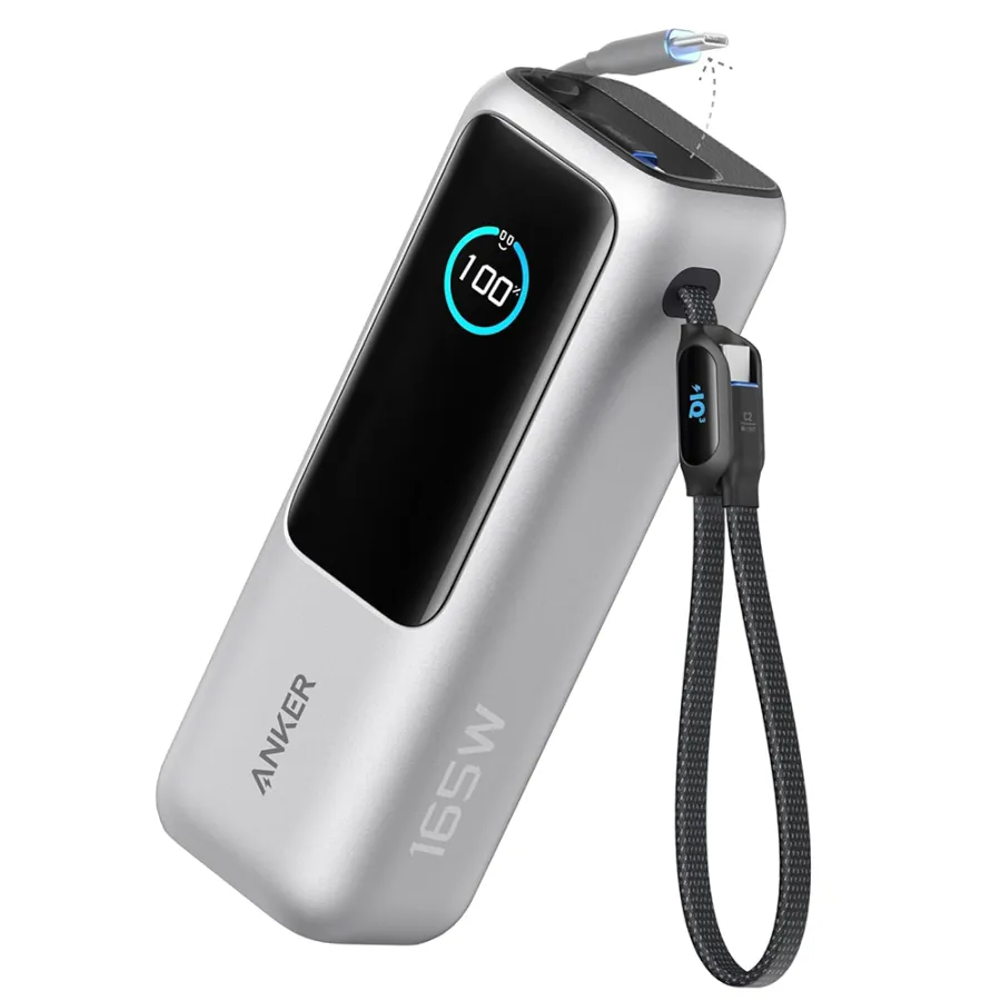 Преносима външна батерия с 2x Type-C, USB-C и USB кабели, дигитален дисплей, 25 000 mAh, 165 W - Anker Prime (A1695H41) - Сребриста