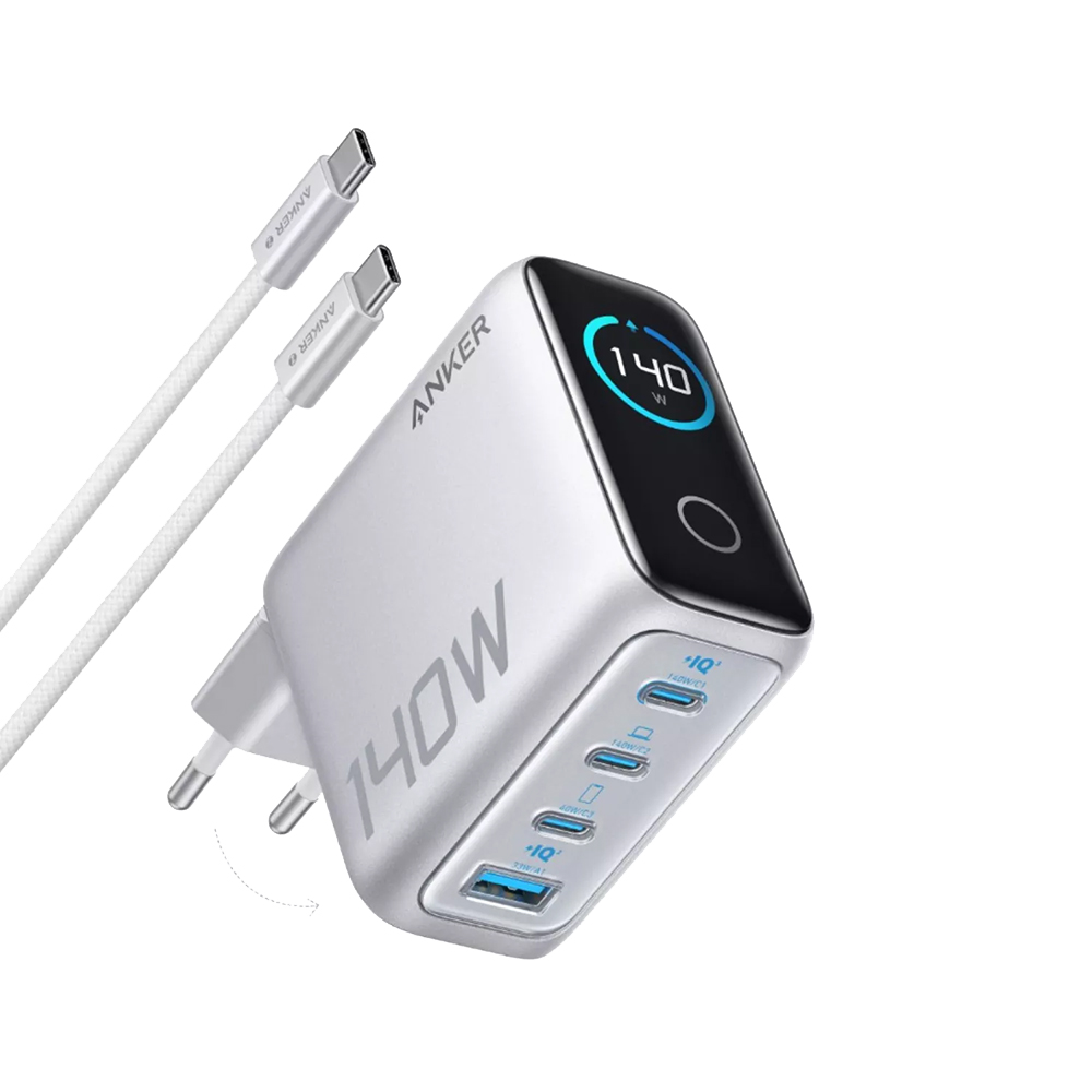 Зарядно за контакт, 3x USB-C, USB, 140W, бързо зареждане с включен Type-C кабел - Anker (B2697G41) - Сив