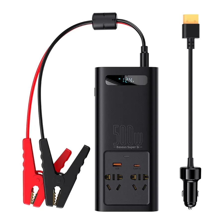 USB инвертор за кола, Type-C, CN/EU, 150W/12V, 500W/220V + 12V скоби и кабел - Baseus (CGNB000101) - Черен