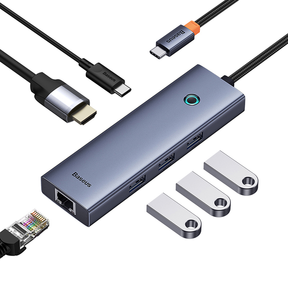 Хъб Type-C към HDMI, 3xUSB, Type-C, RJ45, 4K@60Hz - Baseus UltraJoy (B00052807813-00) - Космически сив