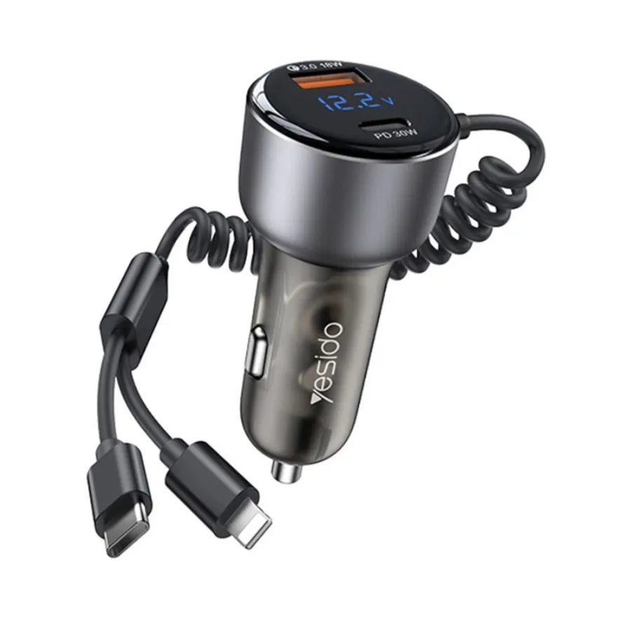 USB зарядно за кола USB, Type-C, 60W - Yesido (Y58) - Сиво