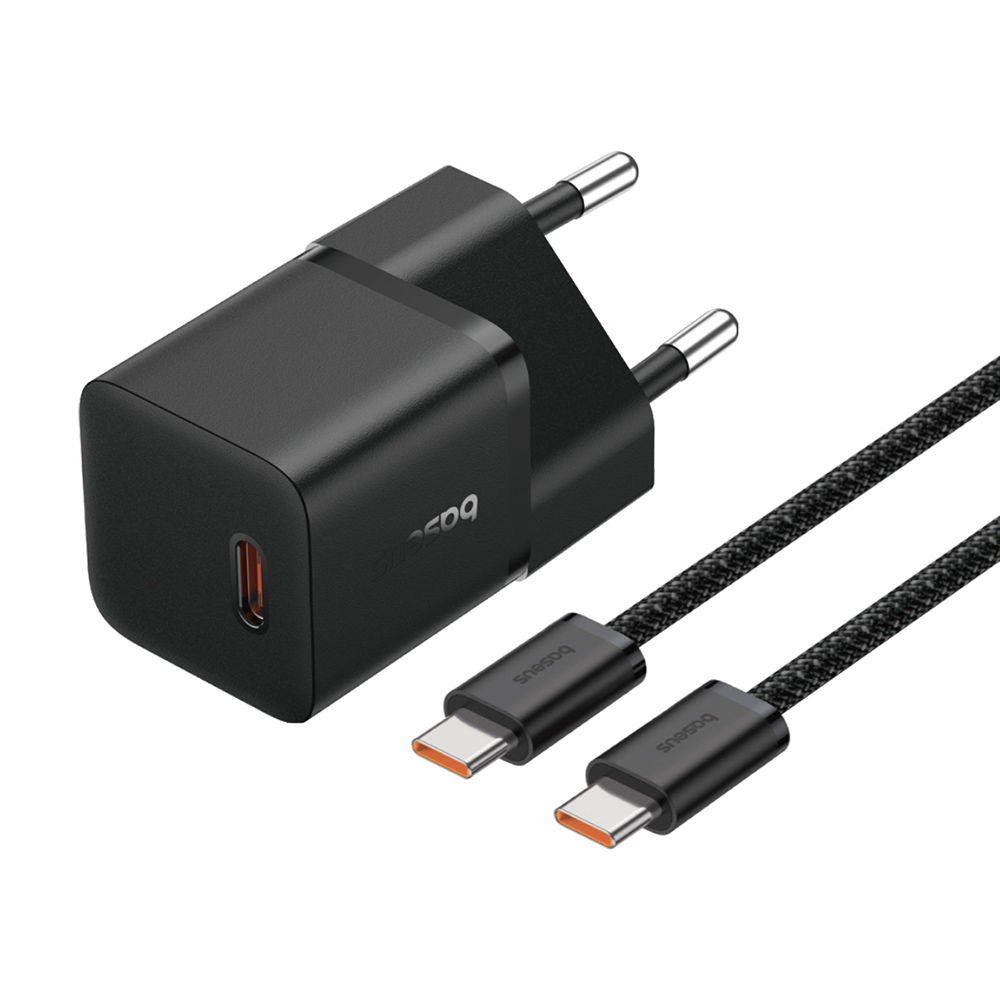 GaN зарядно устройство, Type-C, 20W + Type-C към Type-C кабел, 100W, 1m - Baseus (P10110900113-00) - Cluster Черен