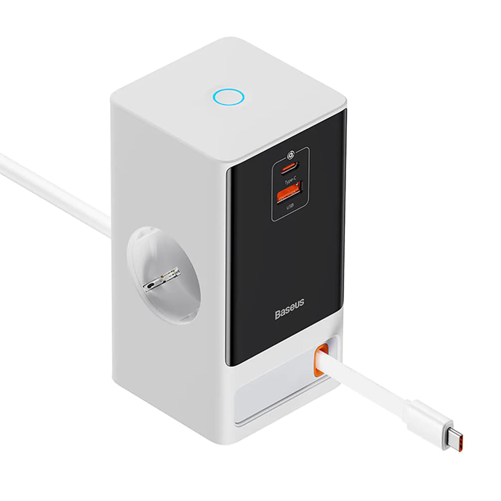 Удължителен кабел Priza Shuko, USB, 2xType-C, 65W - Baseus (PSLR000602) - Бял